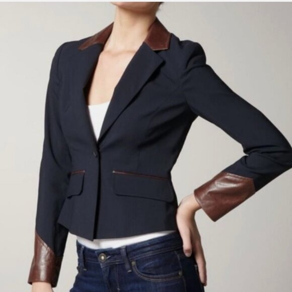 Elizabeth and James Wool Blend Leather Cropped Blazer Dark Navy Blue Black (4) - Picture 1 of 8